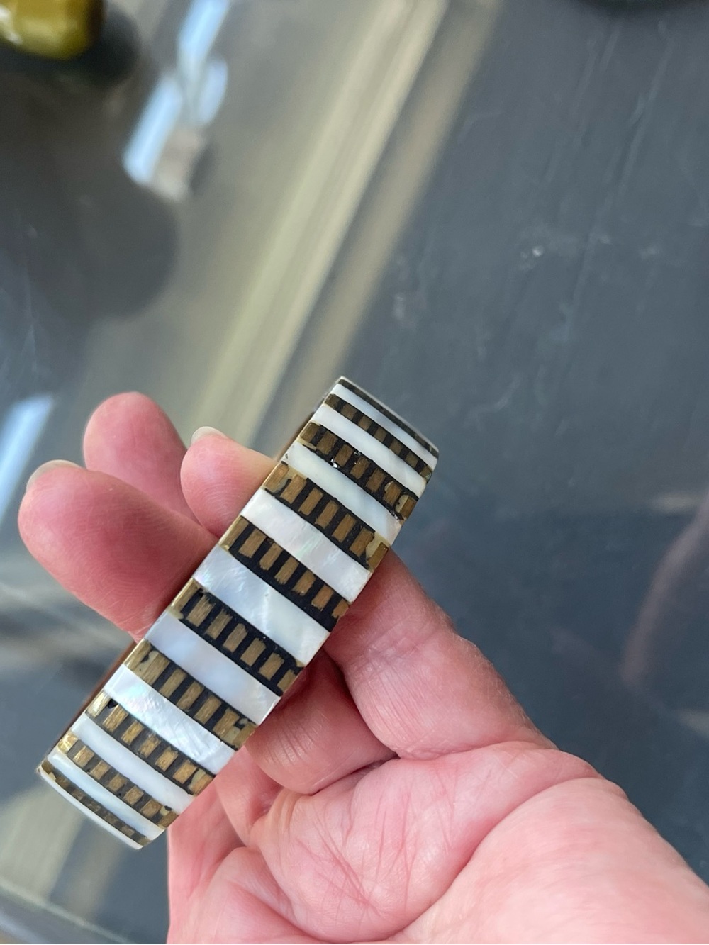 Black, White & Brown Inlay Brass Bangle Bracelet from India